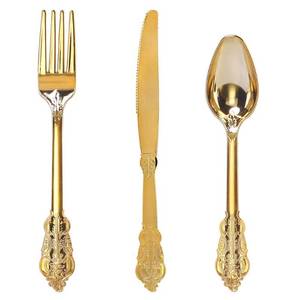 lot 19316 image: WDF 300 Pieces Gold Plastic Silverware Disposable - Heavy Duty Plastic Cutlery - Gold Silverware Sets Includes 100 Forks, 100 Spoons, 100 Knives for Baby ShowerWeddingBirthdayParty