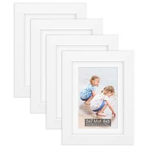 lot 19334 image: NWDCLF 5x7 Wooden Picture Frame Set of 4 (with 4x6 Mat), Solid Wood with Real HD Glass, for Tabletop or Wall Mount, Picture Frames Collage Wall D�cor, White