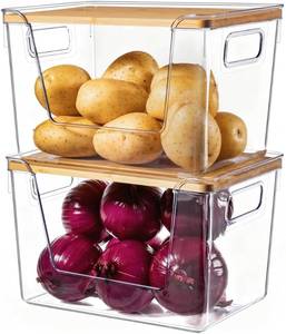 lot 19370 image: Criusia 2 Set Pantry Organizers and Storage with Bamboo Lids, Stackable Clear Bins for Onion, Potato, Fruit, Vegetables, Trash Bag Dispenser, Kitchen and Under Sink Organizer
