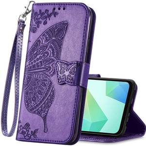 lot 20205 image: HAOTP for Samsung Galaxy S26 Wallet Case,Women Flip Folio Cover Credit Card Holders Emboss Butterfly Flower PU Leather Purse Wrist Strap Kickstand Phone Case for Samsung Galaxy S26 Purple