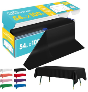 lot 1142 image: Niuara Black Plastic Table Cover Roll - 54IN x 100FT, Table Cloth for Rectangle Table with Slide Cutter, Plastic Table Cloth Disposable with Cut-to-Size Design for Weddings, Banquets, Parties