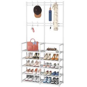 lot 19402 image: Laiensia 5-Tier Entryway Coat Rack, Coat and Shoe Rack, Entryway Bench Storage Organizer with 8 Hooks for Bedroom, Hallway, Office, White