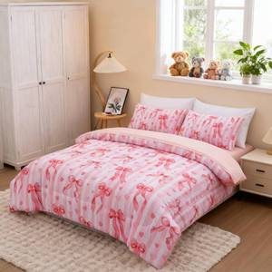 lot 19404 image: Btargot 5 Piece Pink Bow Tie Comforter Set for Girls Boys Kids, Cartoon Gradient Striped Love Bowknot Bedding Set, Bed in a Bag with Comforter, Sheets and Pillowcases, Full Size