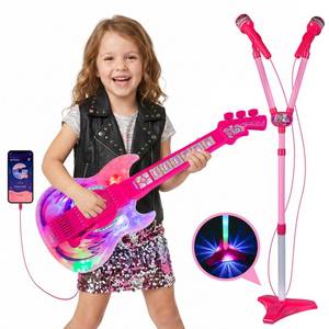 lot 19406 image: Kids Guitar & Microphone Playset, 2 Voice Amplifying Mics with Glowing Stand, Karaoke Music Toy with Stage Light, Educational Musical Gift for Boys Girls Toddlers 3-6 Years Old