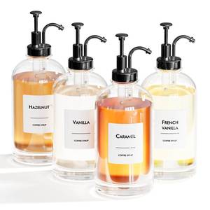 lot 19408 image: 16.9 oz500 ml Coffee Syrup Dispenser Set - 4 Glass Bottles with Black Pumper and Syrup Labels - Precise Dispensing and Stylish Addition to Coffee Shop, Cafe or Home Bar