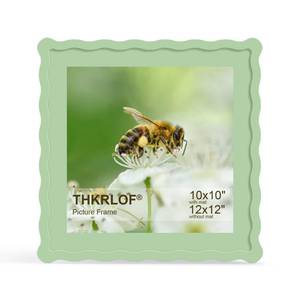 lot 19411 image: THKRLOF 12x12 Picture Frame with Mat for 10x10, Wavy Edge Wooden Real Glass Photo Frame for Wall Hanging, Sage Green, 1 Pack