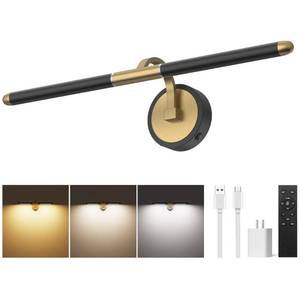 lot 19427 image: Dimmable Cordless Picture Light with Remote, Rechargeable 5200mAh Battery Wall Light for Paintings, 3CCT Dimmable, 24 Timer Metal Art Light for Wall, Display, Artwork, Gallery (Black and Gold)