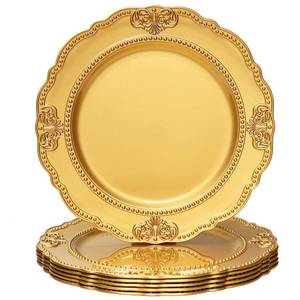 lot 19449 image: Spsyrine Gold Charger Plates, Set of 6 Scalloped Chargers for Dinner Plates, 13 Embossed Plastic Chargers for Wedding, Banquets, Party