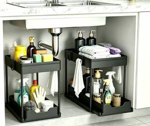 lot 19460 image: DEKAVA Under Sink Organizer 2 Pack, Bathroom Cabinet Organizer, 2 Tier Sliding Cabinet Basket Organizer Drawer, Multi-Purpose Bath Collection Baskets for Bathroom (Black)