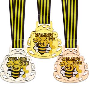 lot 20265 image: 3 Pcs Spelling Bee Award Medals, 3 Inch Honeycomb Trophy with Ribbon, C