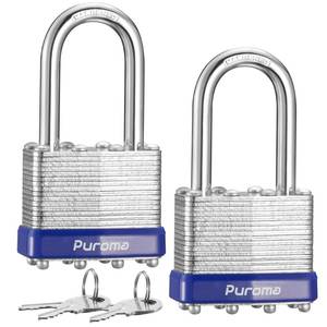 lot 20289 image: Puroma Lock 2 Pack Padlocks, 1-12 Long Shackle Heavy-Duty Locks with 4 Keys, 40mm Hardened Steel Keyed Alike Padlocks for Sheds, Gates, Fences, Toolbox, Outdoor and Indoor Use��Silver��