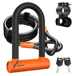 lot 20301 image: Sportneer Bike U Lock - Heavy Duty Anti Theft Bike Lock with 5ft Security Steel Cable - 17mm Shackle Bicycle U-Locks with Keys & Sturdy Mounting Bracket for Road, Mountain, Electric Bike - Orange