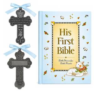lot 20366 image: Baby Boy First Bible and 4 Pewter Baptism Guardian Angel Crib Cross (Original Version)-L8