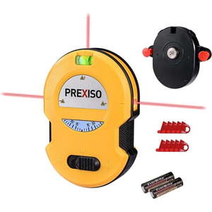 lot 20381 image: PREXISO Multi Surface Laser Level LED Light Vial  30Ft Horizontal & Vertical Line Laser with Wall Mount Base  2 Pins  10 Sticker  2 AA Batteries