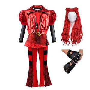 lot 20390 image: D.O.T Girls Rise Red Costume Includes Red Heart Jacket Shirt Flared Pants Wig Gloves 5pcs Halloween Princess Dress up 3-14Y (Red, 7-8Years)