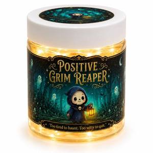 lot 20406 image: Halloween Decor Gifts Light Up Jar, Positive Grim Reaper LED Fairy Light Decor, Boo Basket Stuffers Decor, Cozy Halloween Room Decorations for Bedroom, Desk, Shelf, Office, Gift for Women Men Teens