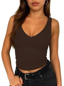 lot 20496 image: ForeFair Womens Sleevelsee V Neck Crop Tank Top Summer Double Layer Going Out Workout Casual Basic Tops(M,Dark Brown)