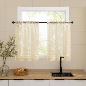 lot 200059 image: Beige Lace Cafe Curtains 24 Inch Length 2 Panels set Country Floral Sheer Curtain Rod Pocket Short Kitchen Curtains Decor Light Filtering Small Window Bathroom Basement RV Laundry Camper, 26x24 (Black)