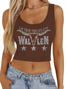 lot 8405 image: ASTANFY Sparkly Country Music Tank Top Crop Top, LARGE