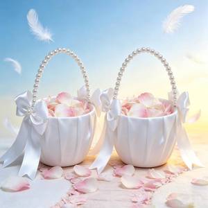 lot 13222 image: JinyunDengtu Flower Girl Baskets 2-Pack Ivory Pearl Beaded