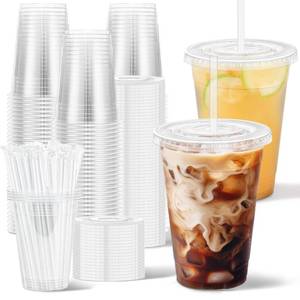 lot 13304 image: Clawsoff 16 oz Disposable Clear Plastic Cups with Lids and Straws 100 Pack