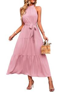 lot 14452 image: PRETTYGARDEN Womens Floral Halter Maxi Dress Pink, Size M