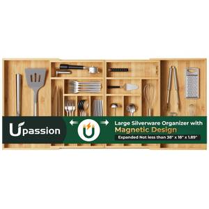 lot 1164 image: Large Silverware Organizer, 13 Slots Magnetic Connected Expandable Bamboo Utensil Drawer Organizer From 21 to 37.4 Inches, Adjustable Flatware and Cutlery Holder, Utensil Tray for Kitchen Natural