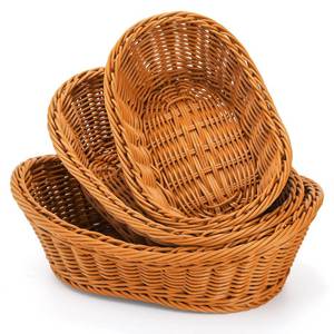 lot 2469 image: Yarlung 3 Pack Small Woven Breads Baskets, Oval Fruit Baskets Stackable Plastic Wicker Basket for Serving Vegetables, Kitchen, Restaurant, Outdoor, Imitation Rattan Brown, 3 Sizes