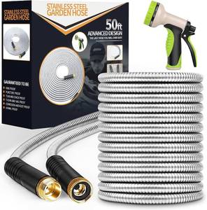 lot 7611 image: 50ft Metal Garden Hose with 10-Function Nozzle