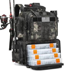 lot 9582 image: Tactical Fishing Backpack with 4 Tackle Boxes, Rod Holders & Bottle Holder