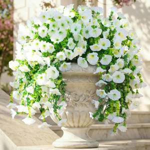 lot 9620 image: Ivydale 2 PCS Artificial Fall Hanging Flowers Fake Plants for Outdoor,Faux Silk White Morning Glory with Eucalyptus UV Resistant Realistic Hanging Petunias Vines for Home Garden Decor