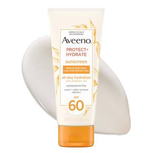 lot 10130 image: Aveeno Protect  Hydrate Sunscreen Lotion for Body & Face with Prebiotic Oat, SPF 60 Broad Spectrum Sunscreen, Paraben, & Oil Free, Water & Sweat Resistant (80-min) for Sensitive Skin, 3 Fl Oz
