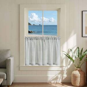 lot 10142 image: jinchan Striped Linen Kitchen Tier Curtains, 24 Inch, Aqua Blue, 2 Panels