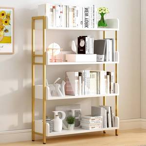 lot 13413 image: OSCHF 4-Tier Bookcase White with Gold Frame  Retail $118
