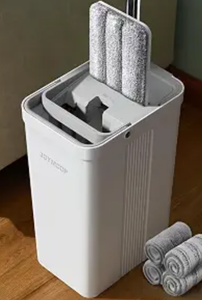 lot 7649 image: Flat Mop System, Microfiber Mop and Bucket Set, White, Commercial & Household Use, Hardwood Floor & Wall Cleaning Mop with Long Handle,