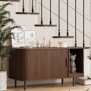 lot 1221 image: Halitaa 37.4 Cat Litter Box Enclosure with Scratch Pad, Sliding Door