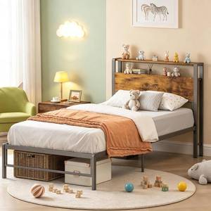lot 1226 image: Twin Bed Frames for Kids, Twin Size Bed with 2 Tiers Wood Shelves Headboard