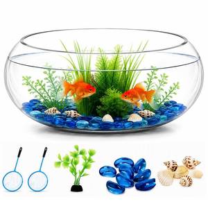 lot 1270 image: Jucoan 0.9 Gallon Glass Fish Bowl with Decor, Clear Round Shallow Glass Bowl for Betta Fish and Aquatic Plants, Includes Aquarium Decor Stones, Tree and Fish Nets for Holiday Wedding Centerpiece