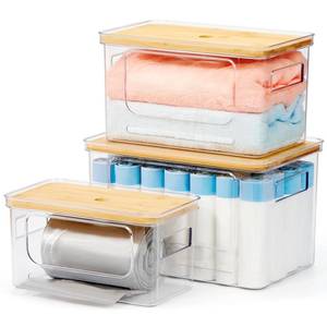 lot 1280 image: KitHero 3-Pack Trash Bag Holder,Trash Bag Dispenser with Bamboo Lid, Stackable Acrylic Garbage Bag Dispenser for Under Sink Use in Kitchen, Laundry Room, and Pantry, Large Capacity Garbage Bag Holder