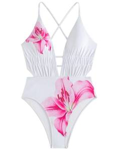lot 2021 image: SHENHE Womens Floral One Piece Swimsuit Deep V Neck Criss Cross Backless Bathing Suit White Small