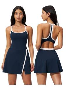 lot 2022 image: Womens Racerback Color Block Yoga Golf Tennis Dress for Women Summer Rompers Slim Fit Side Slit Hem Cutout Back Active Exercise Athletic Workout Dresses with Built in Shorts Pockets Dark Blue S