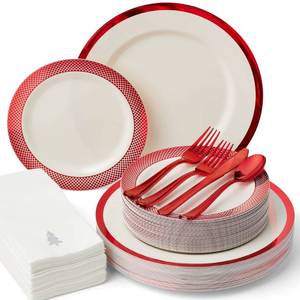 lot 7681 image: By Madee HEAVYWEIGHT 175 Pc Ivory with Red Trim Plastic Disposable Dinnerware Set with Silverware & Linen-Like Premium Napkins (25 Guests)