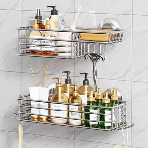 lot 7691 image: TAILI Shower Caddy Suction Cup 2 Pack with Hooks and Soap Holder, Silver