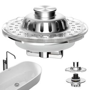 lot 8266 image: Universal Bathtub Drain Stopper, Metal Top Strainer Hair Catcher, Chrome