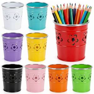 lot 9640 image: Noamus 9 Pack Metal Pen Holder, Desktop Pencil Bucket with Hollow Flower Cutouts, Colorful Makeup Brush Storage Cup, Versatile Cutlery Pots for Office Classroom School Crafts(9 Color)