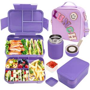lot 9649 image: Preppy Lunch Box for Girls with 10oz Thermo, with 6 Compartment Bento Box, Purple Nylon Insulated Lunch Bag Adjustable Strap for Girl Kids Teens School Travel Picnic