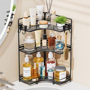 lot 9671 image: VITVITI 3 Tier Corner Bathroom Counter Organizer, Bathroom Countertop Organizer Storage for Sink, Metal Mesh Makeup Organizer for Vanity Countertop Kitchen with Hooks, Black