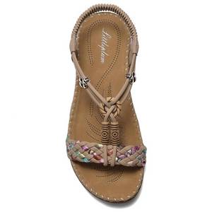 lot 9674 image: Littleplum Women Sandals Arch Support Handmade Bohemian Braided Flat Sandals Comfort Walking Beach Ankle Elastic Summer Shoes Apricot Size 10
