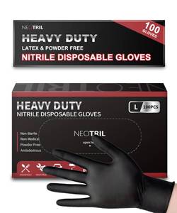 lot 9685 image: NEOTRIL 6 Mil Heavy Duty Black Nitrile Disposable Gloves, Latex-Free Powder-Free, Textured Grip Rubber Gloves for Cooking Food Prep Cleaning Mechanic, M  100PCS