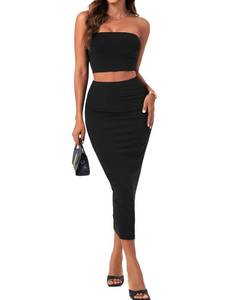 lot 10235 image: KIFOVEN Women��s 2 Piece Outfits Tube Crop Top Bodycon Midi Skirt Summer Vacation Set Black X-Small